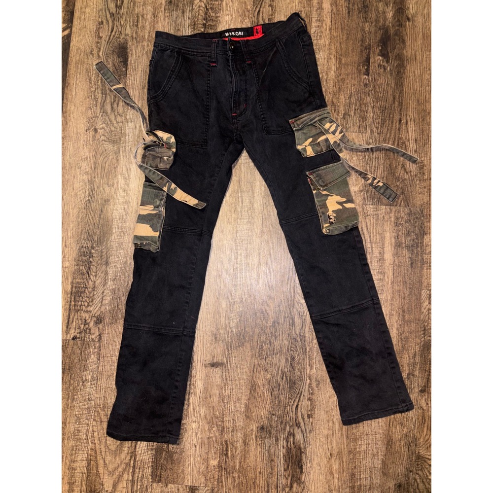 Makobi Mens Black Denim Camo Cargo Pants Tactical Streetwear Straps 30x32